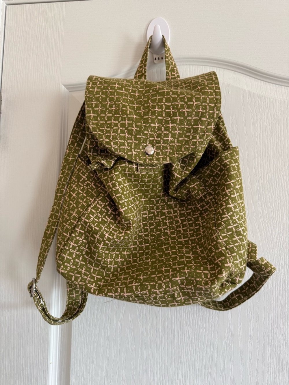 Olive Green Patterned Canvas Backpack with Snap Flap